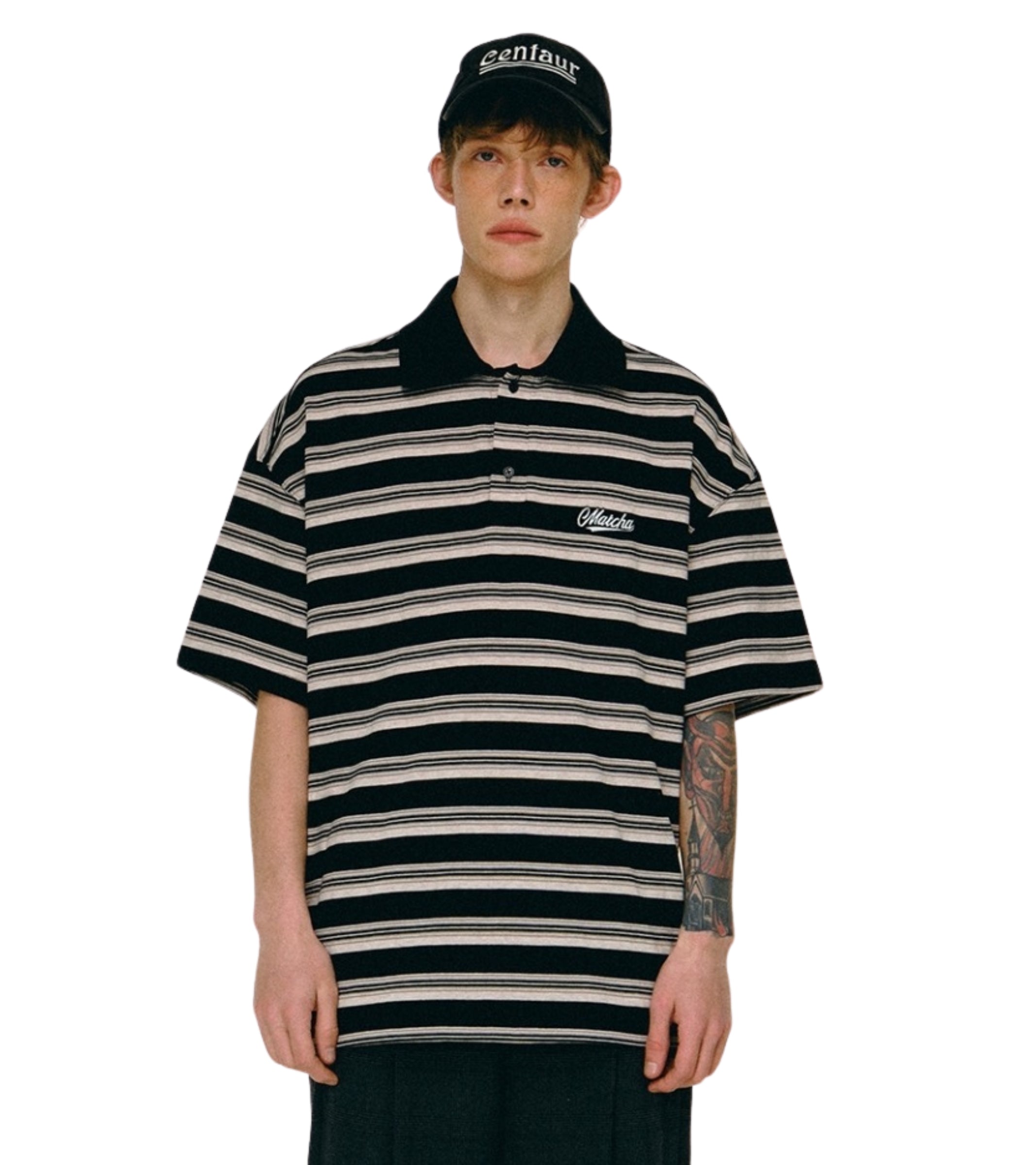 Matcha Story Stripe Polo-Shirt Black White