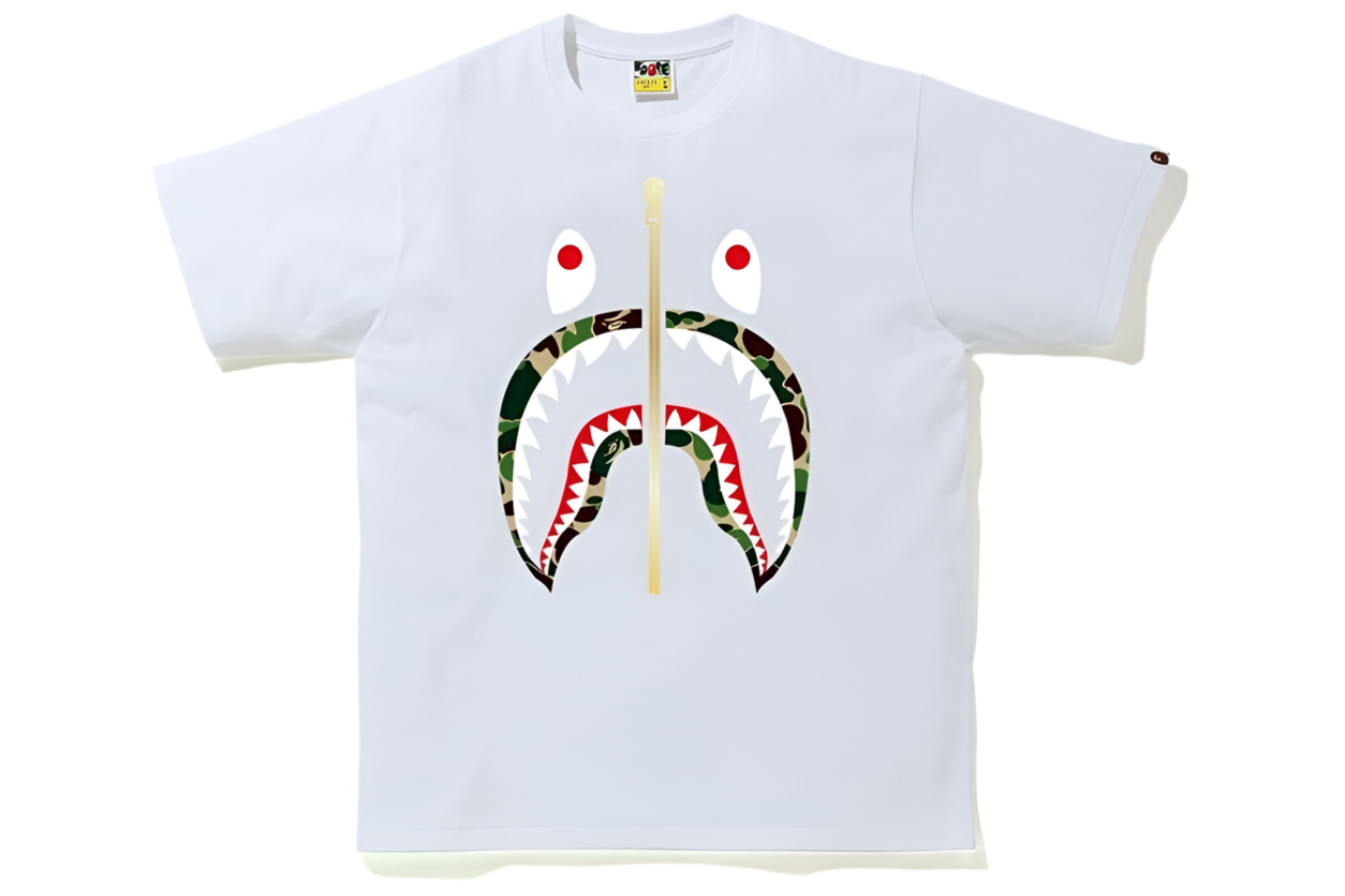 BAPE ABC Green Camo Gold Zip Shark Tee White