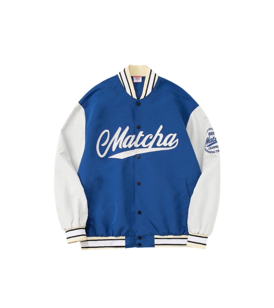 Matcha Story Baseball Jacket Blue White